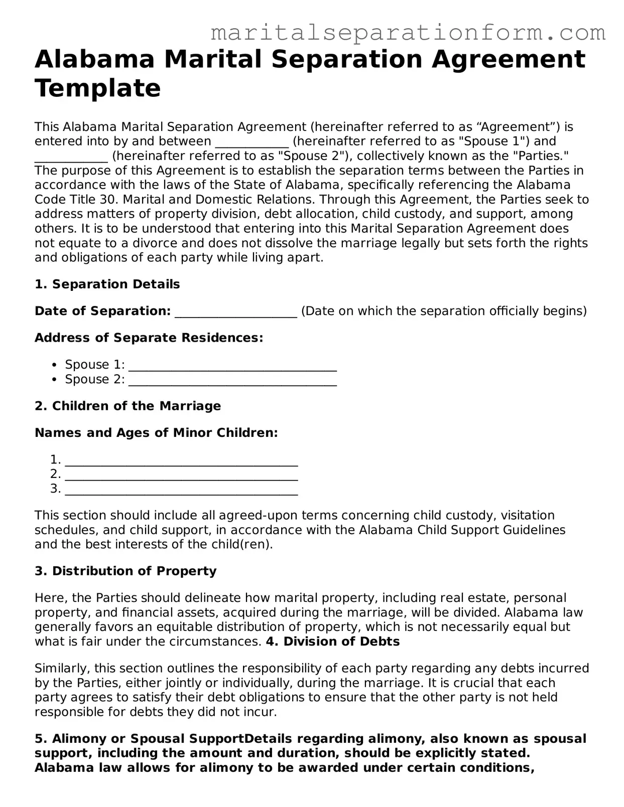 Free  Marital Separation Agreement Form for Alabama