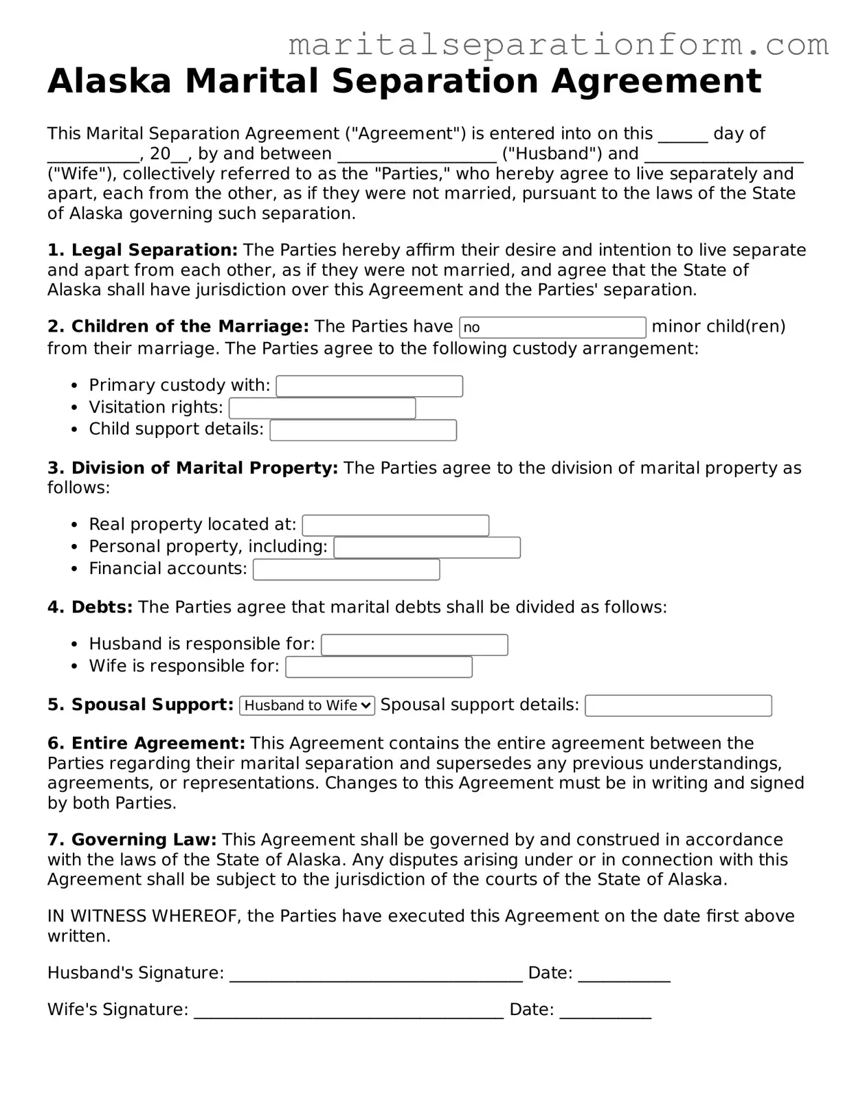 Free  Marital Separation Agreement Form for Alaska