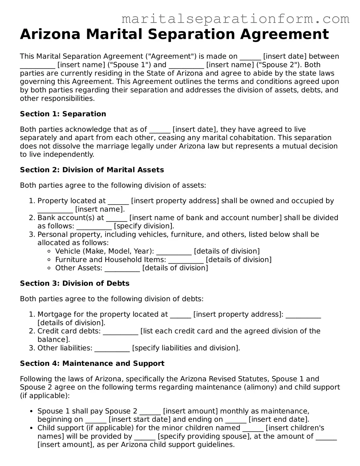 Free  Marital Separation Agreement Form for Arizona