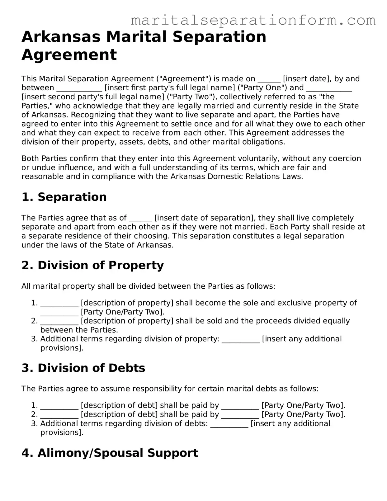 Free  Marital Separation Agreement Form for Arkansas