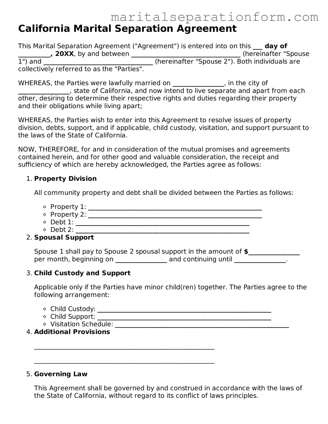 Free  Marital Separation Agreement Form for California