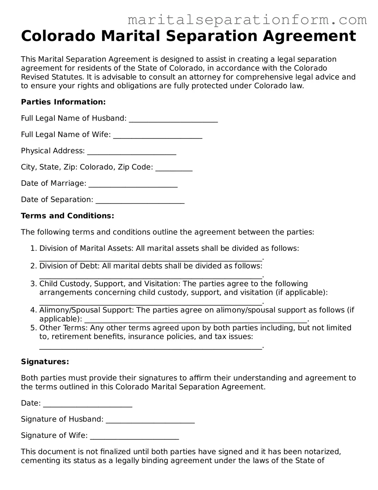 Free  Marital Separation Agreement Form for Colorado