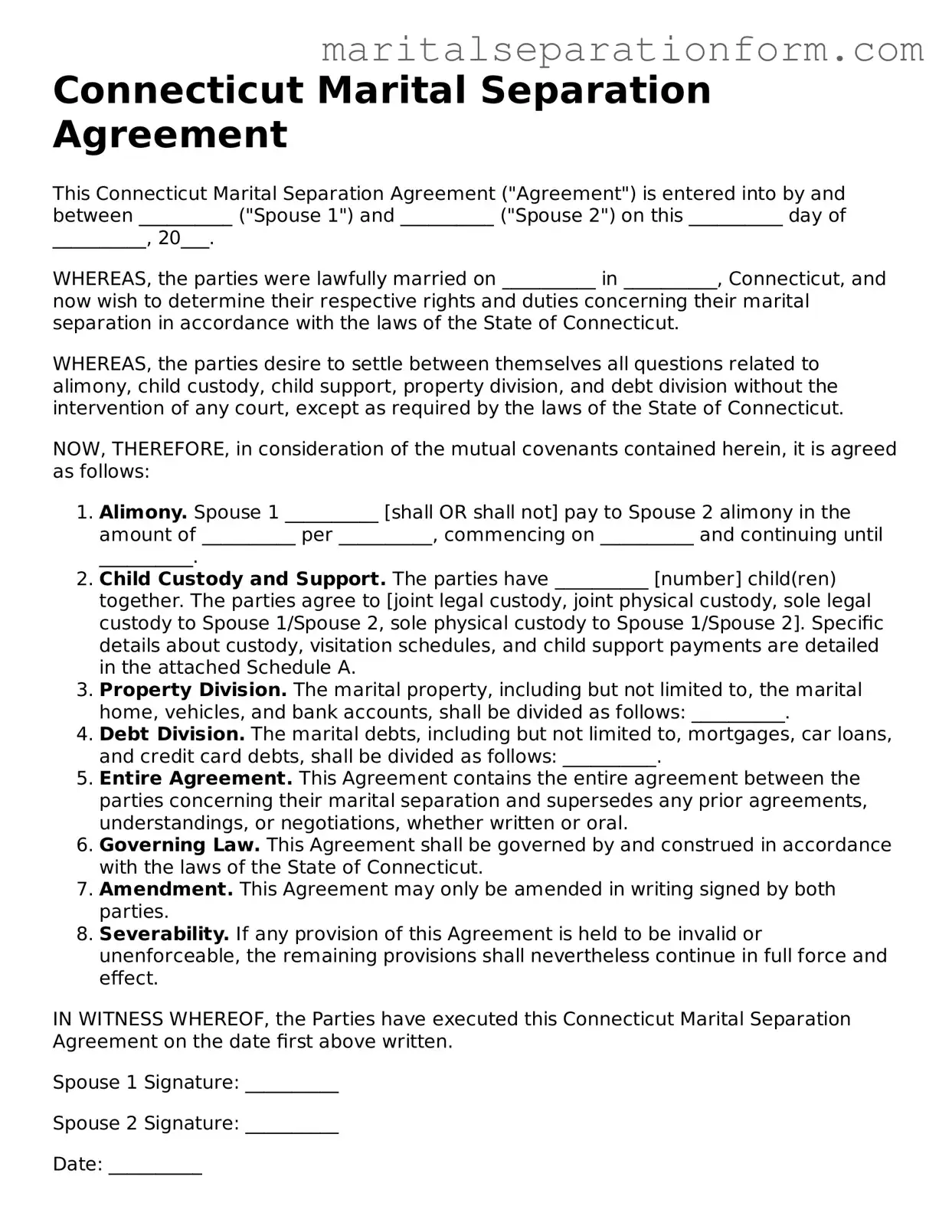 Free  Marital Separation Agreement Form for Connecticut