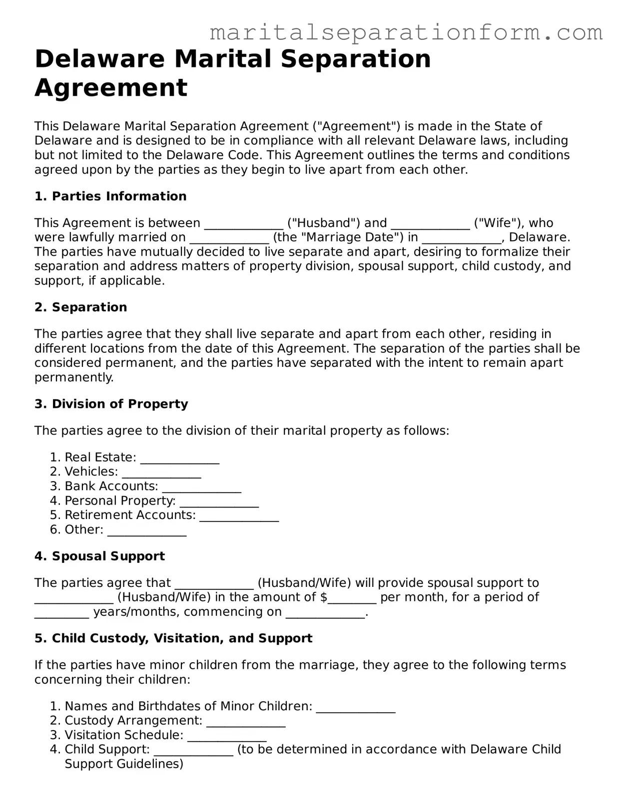 Free  Marital Separation Agreement Form for Delaware