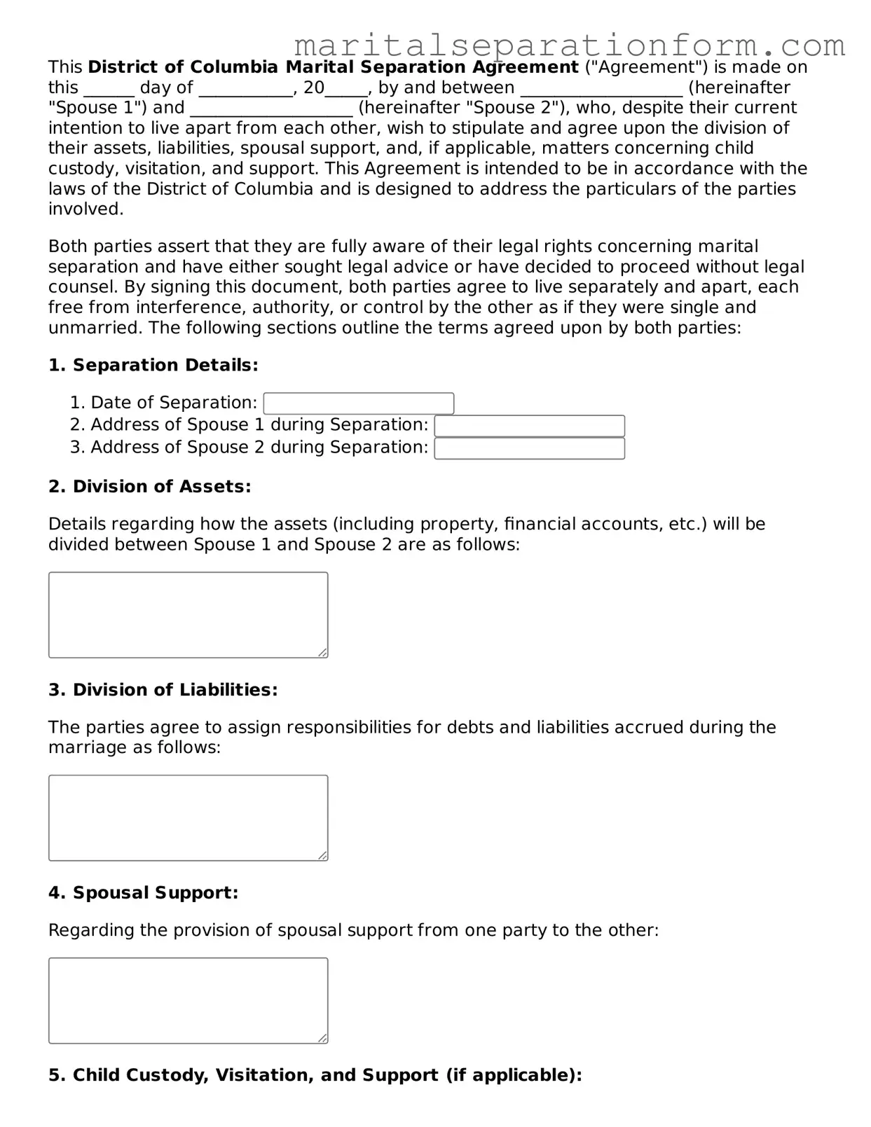 Free  Marital Separation Agreement Form for District of Columbia