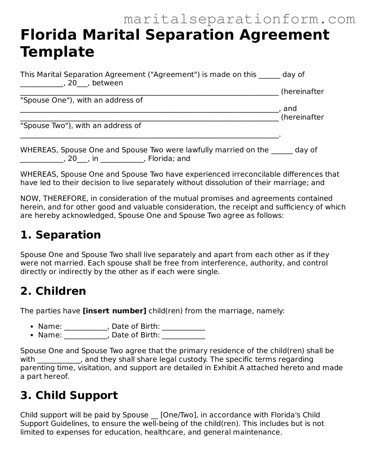 Free  Marital Separation Agreement Form for Florida
