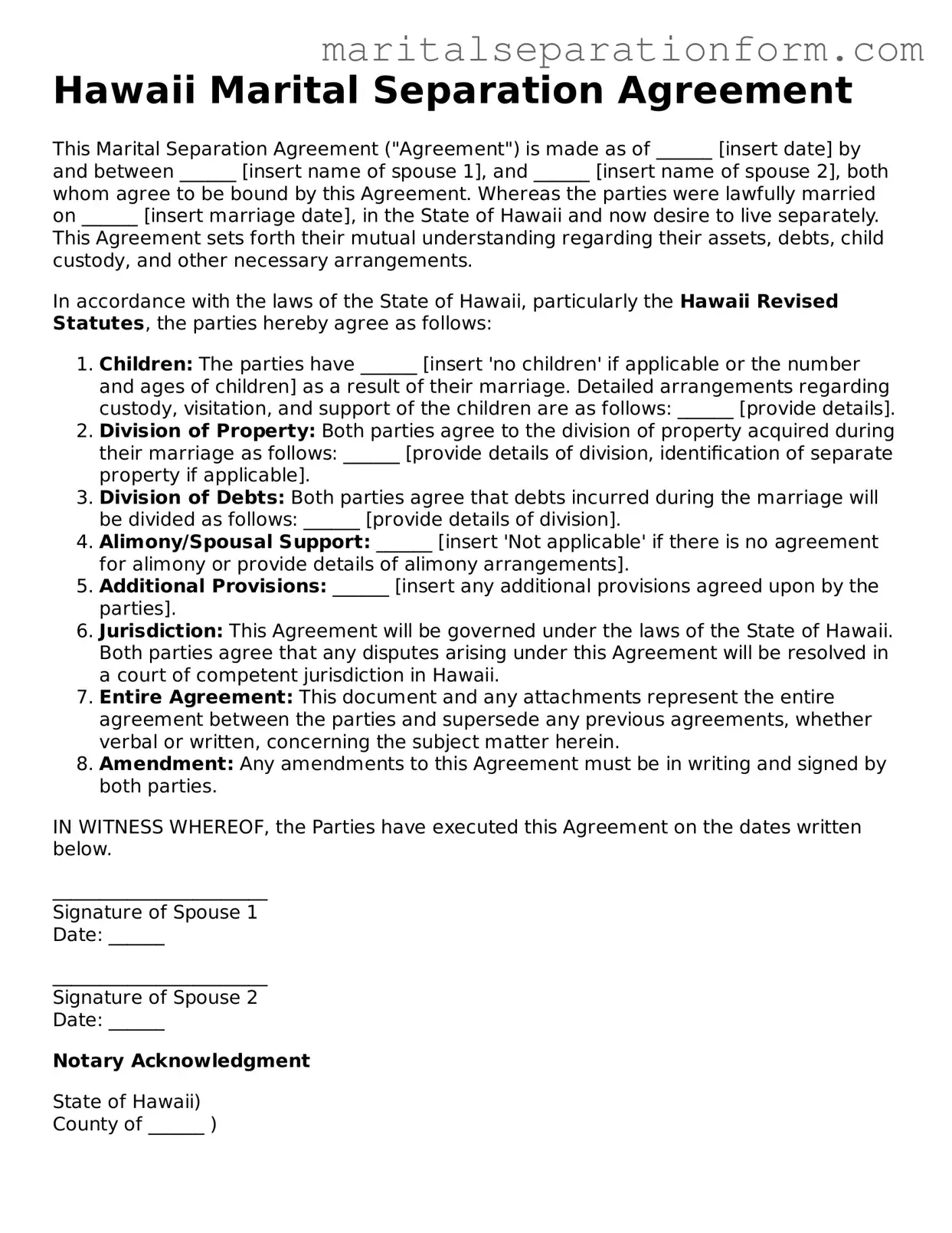 Free  Marital Separation Agreement Form for Hawaii