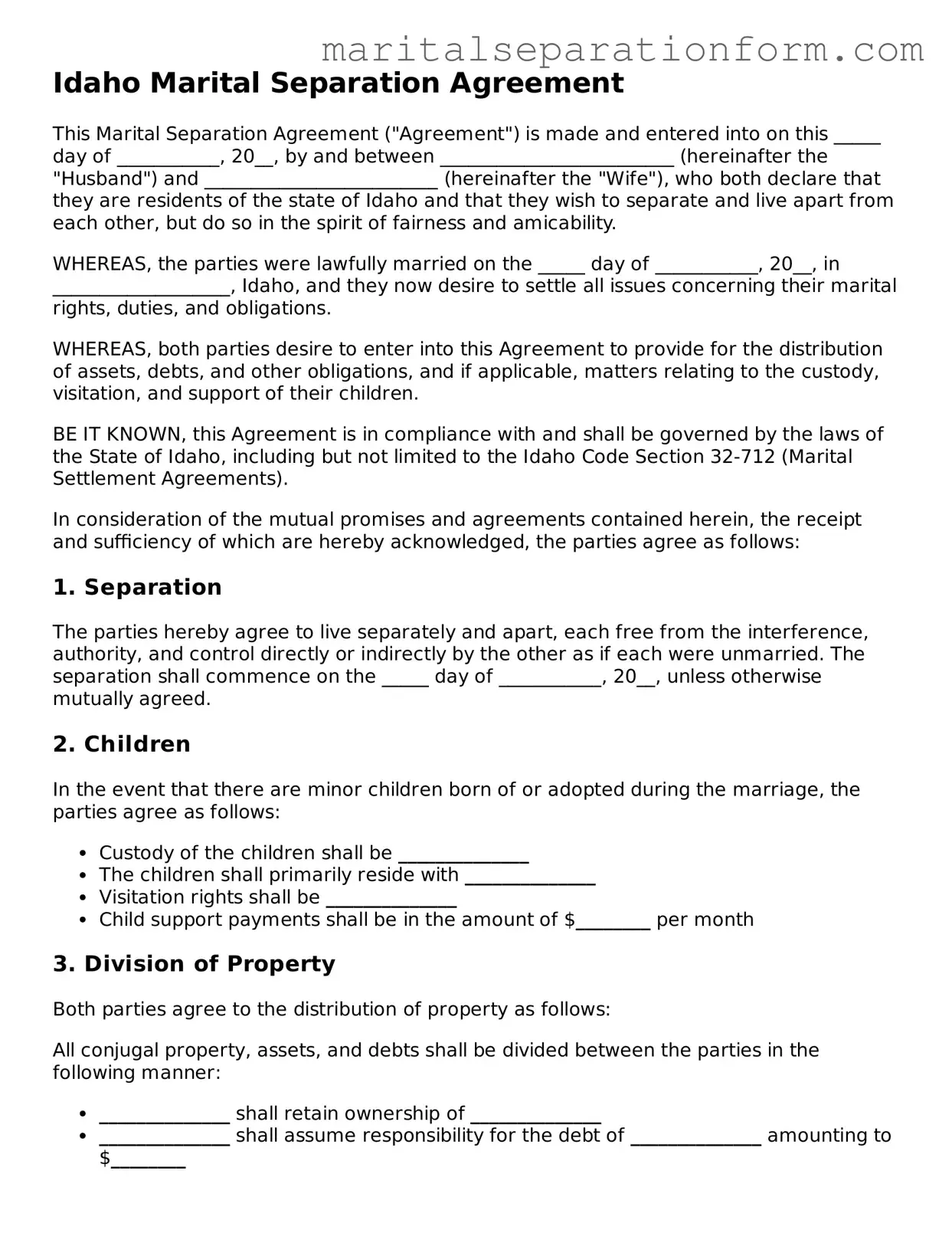 Free  Marital Separation Agreement Form for Idaho
