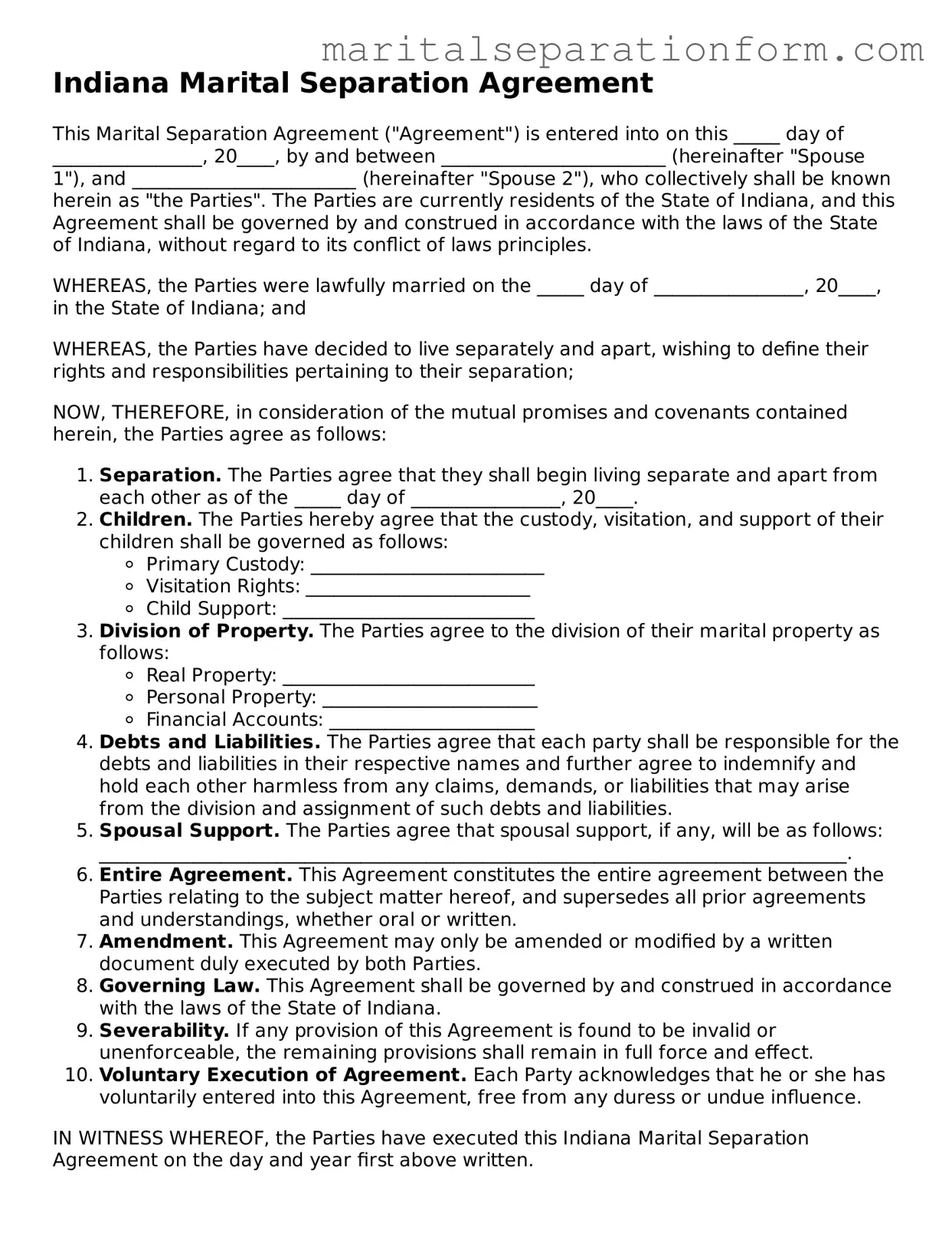 Free  Marital Separation Agreement Form for Indiana