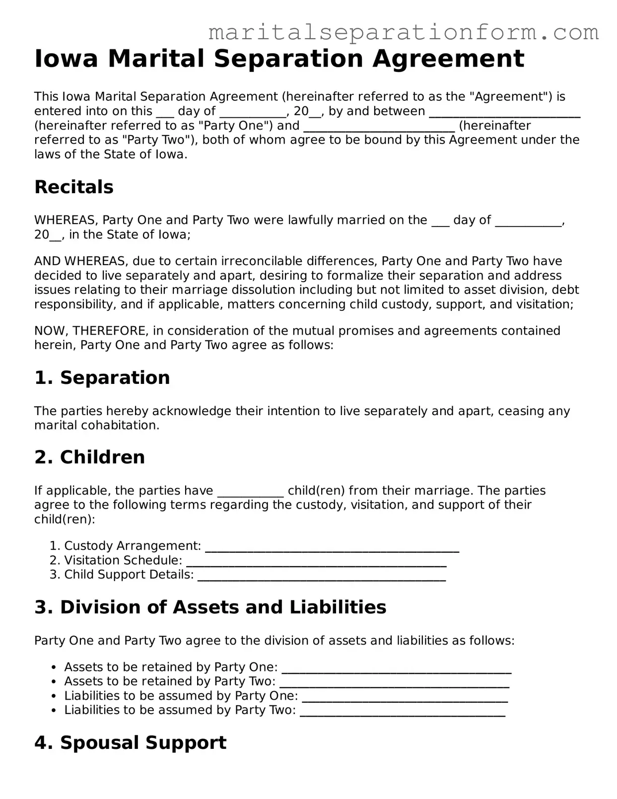 Free  Marital Separation Agreement Form for Iowa