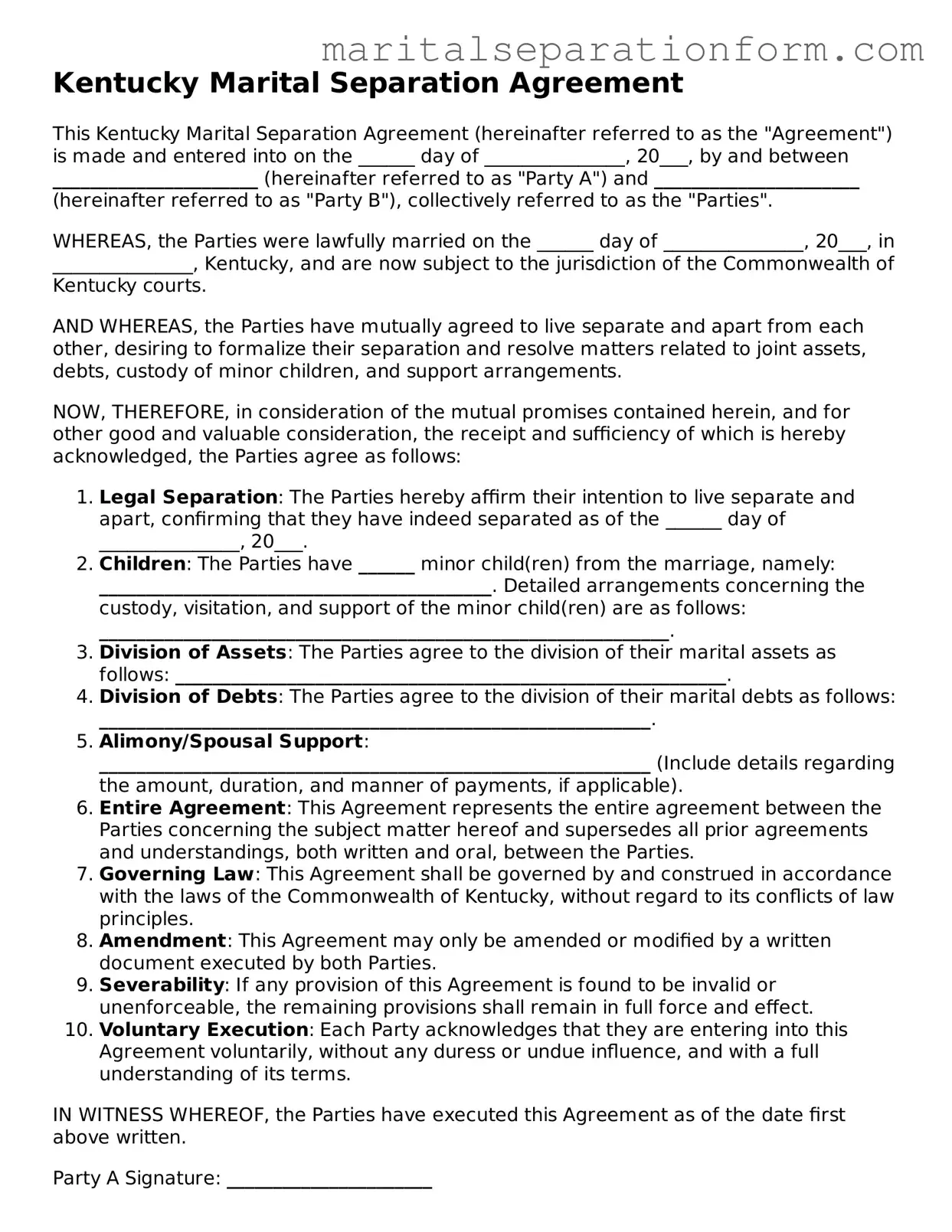Free  Marital Separation Agreement Form for Kentucky