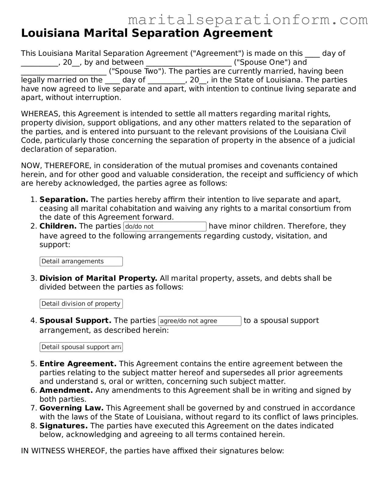 Free  Marital Separation Agreement Form for Louisiana