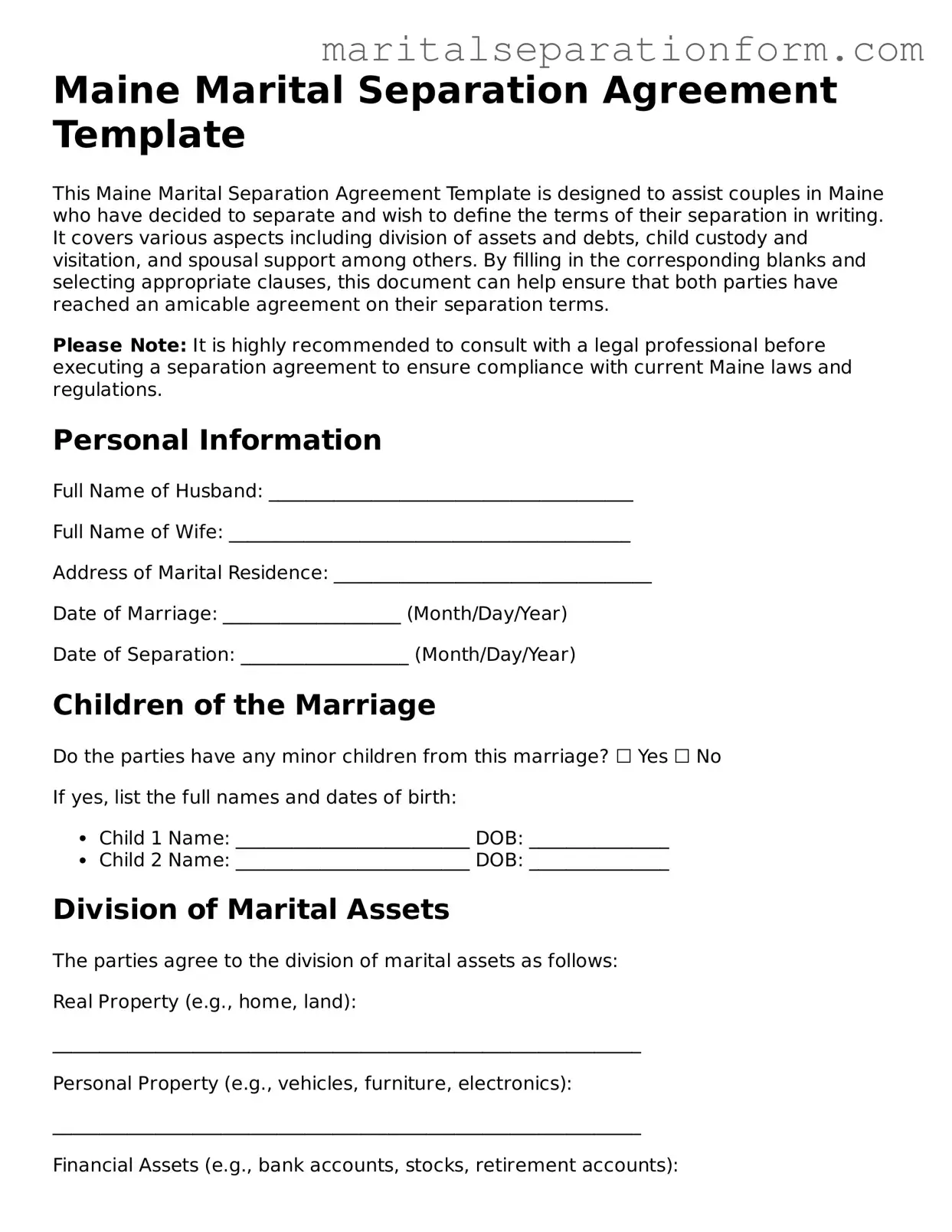 Free  Marital Separation Agreement Form for Maine