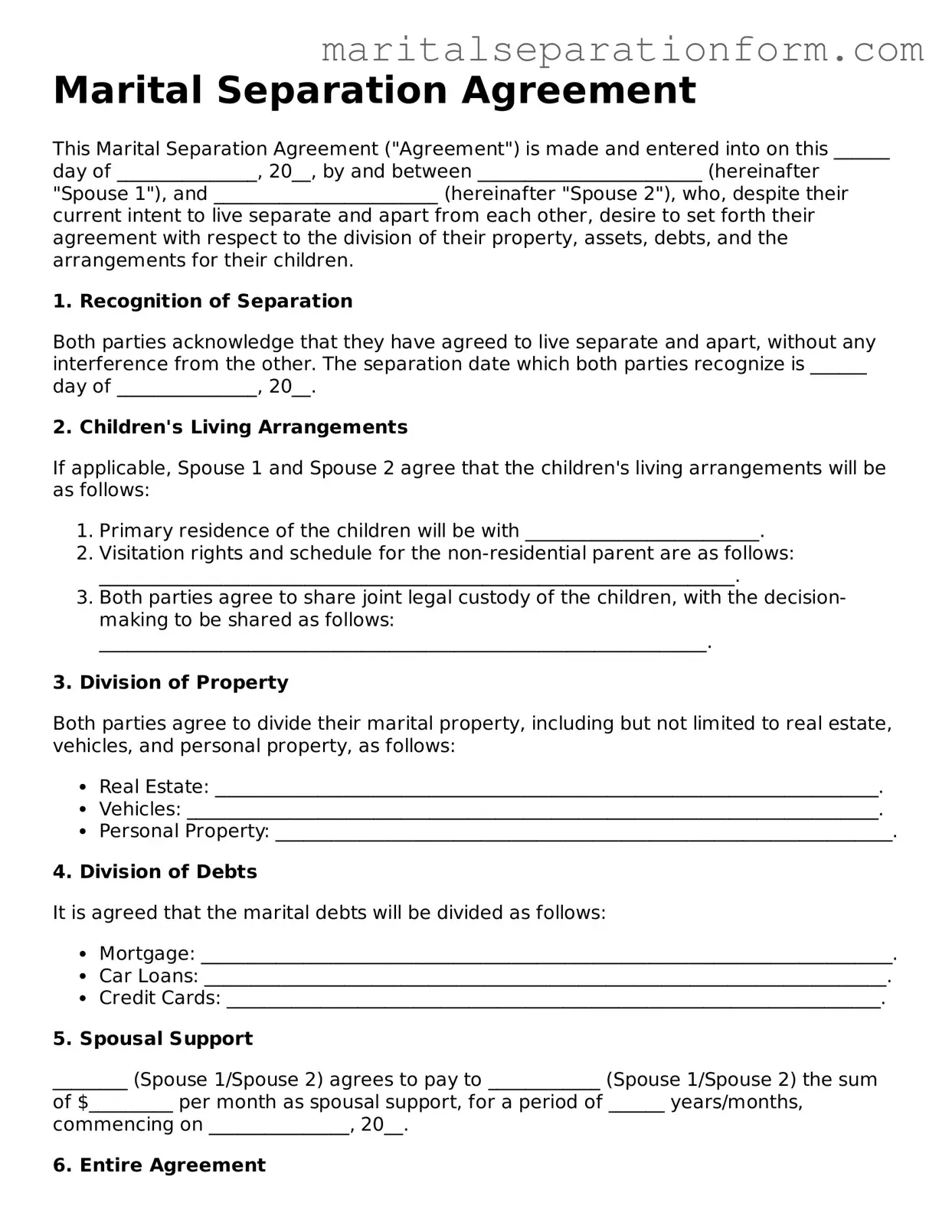 Blank Marital Separation Agreement Form