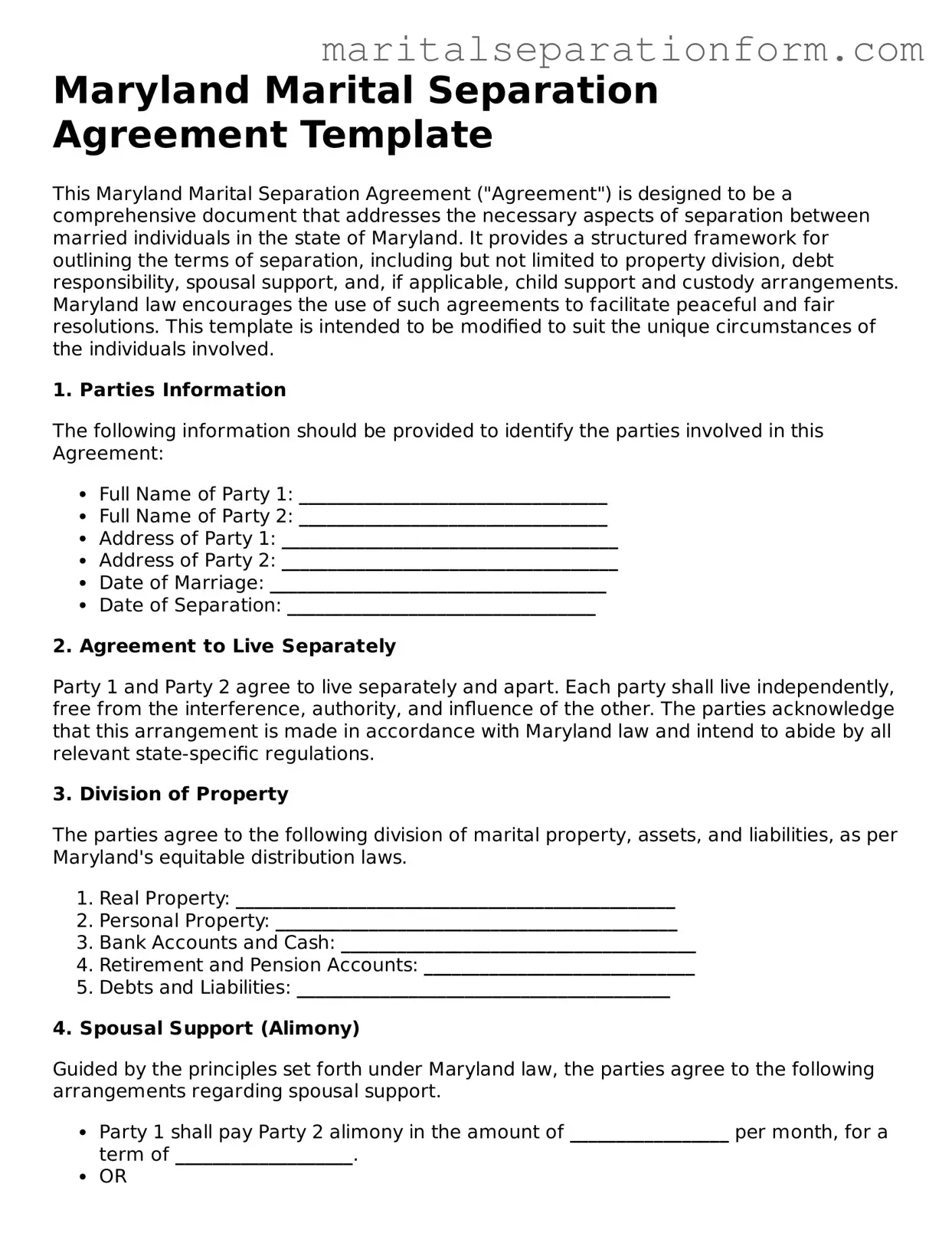 Free  Marital Separation Agreement Form for Maryland
