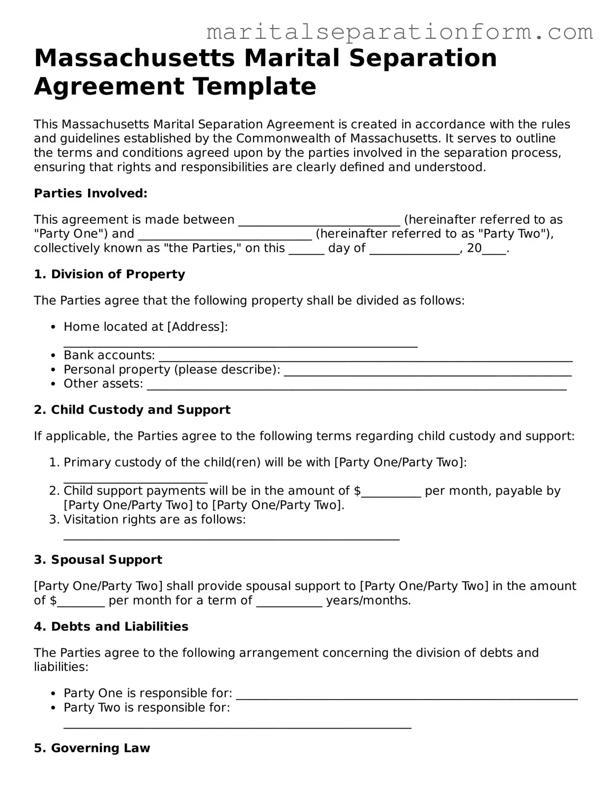 Free  Marital Separation Agreement Form for Massachusetts
