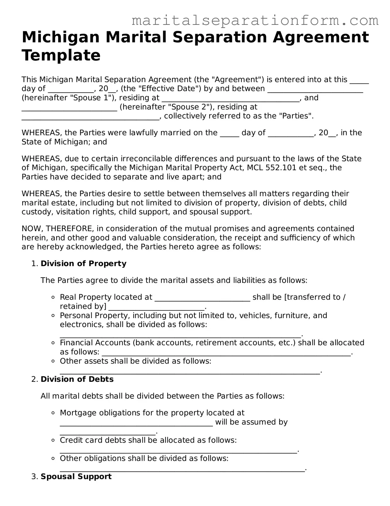 Free  Marital Separation Agreement Form for Michigan