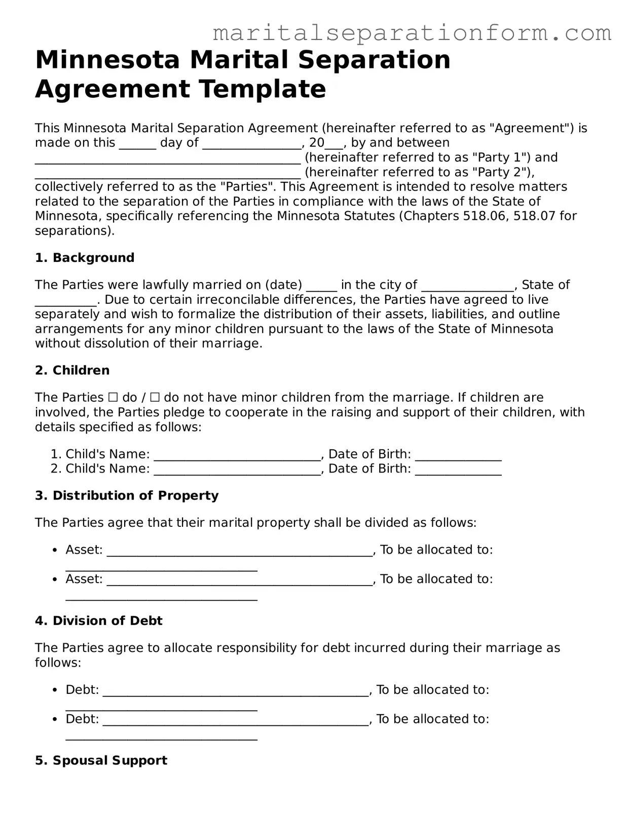 Free  Marital Separation Agreement Form for Minnesota