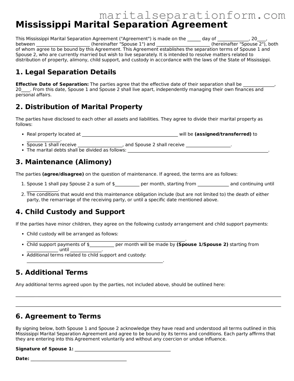 Free  Marital Separation Agreement Form for Mississippi