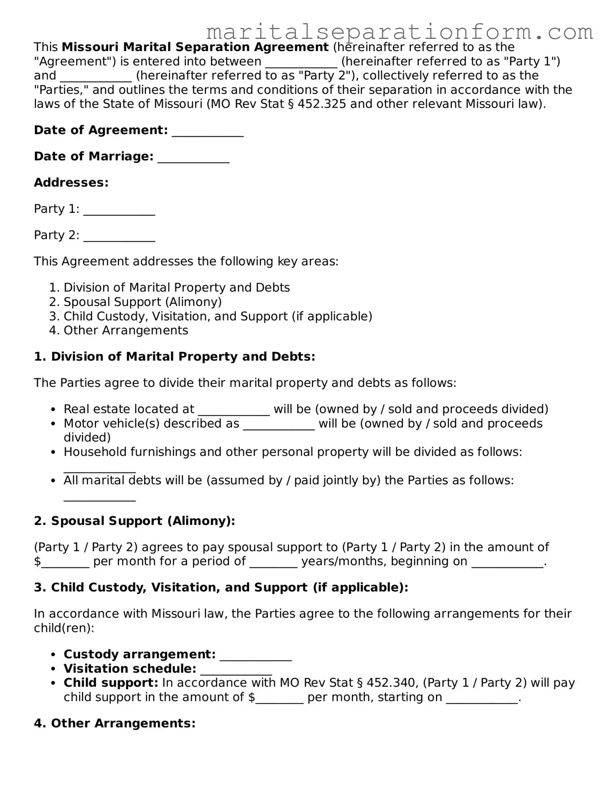 Free  Marital Separation Agreement Form for Missouri