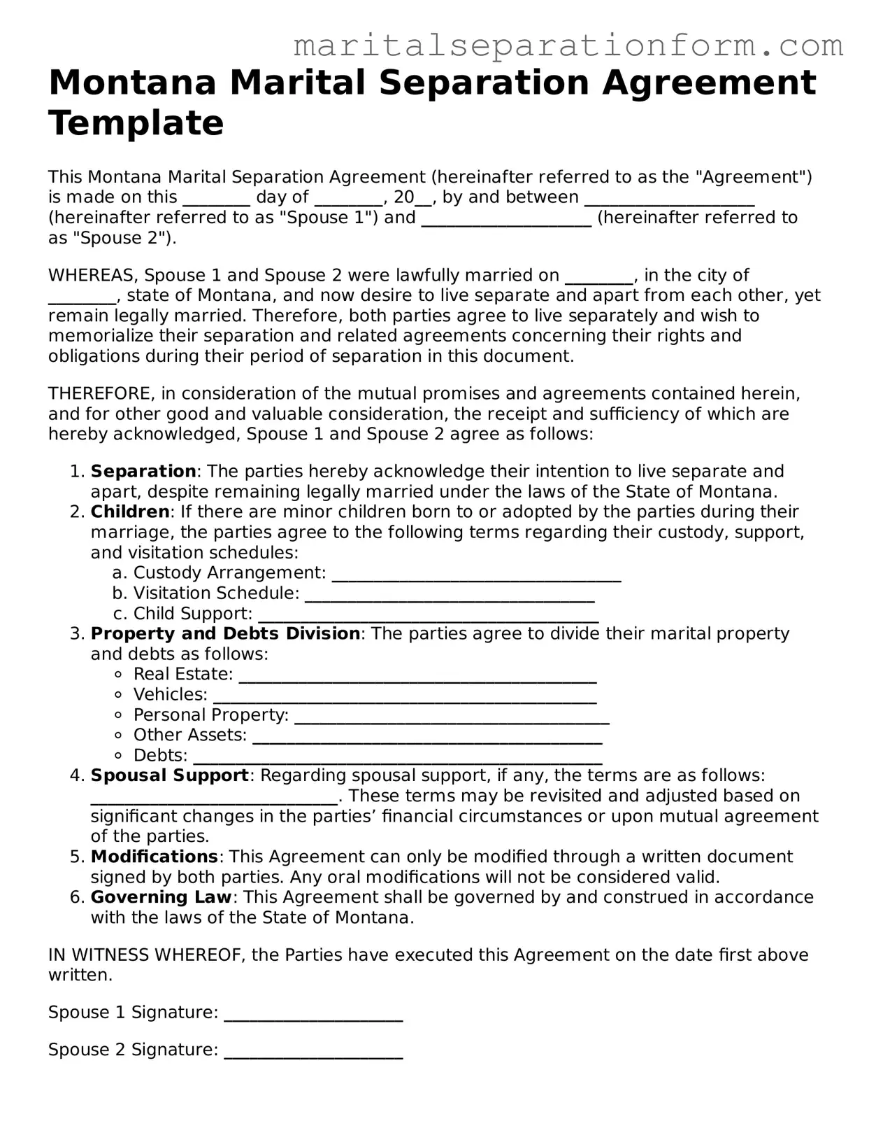 Free  Marital Separation Agreement Form for Montana