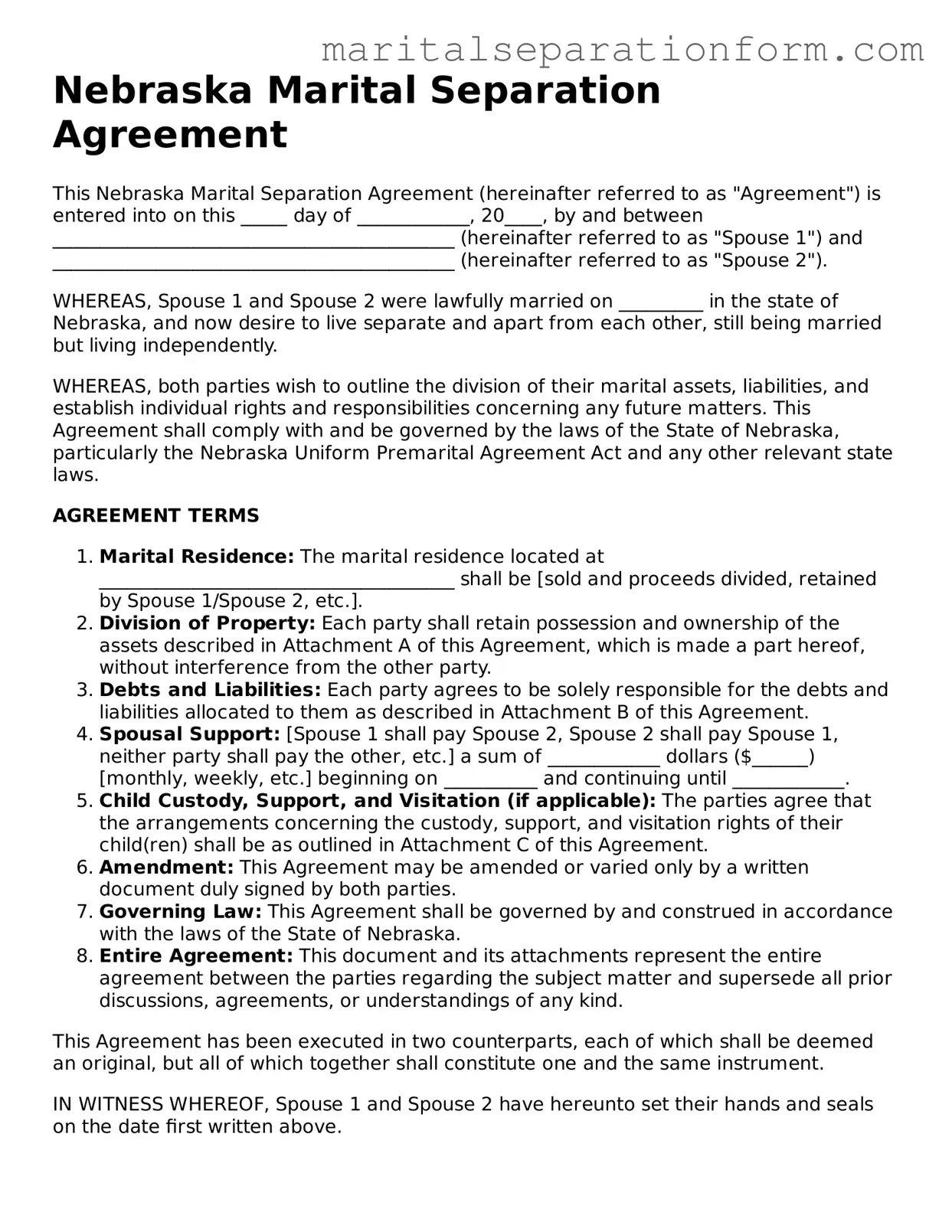 Free  Marital Separation Agreement Form for Nebraska