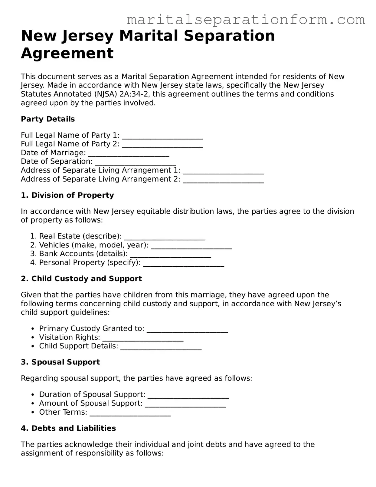 Free  Marital Separation Agreement Form for New Jersey