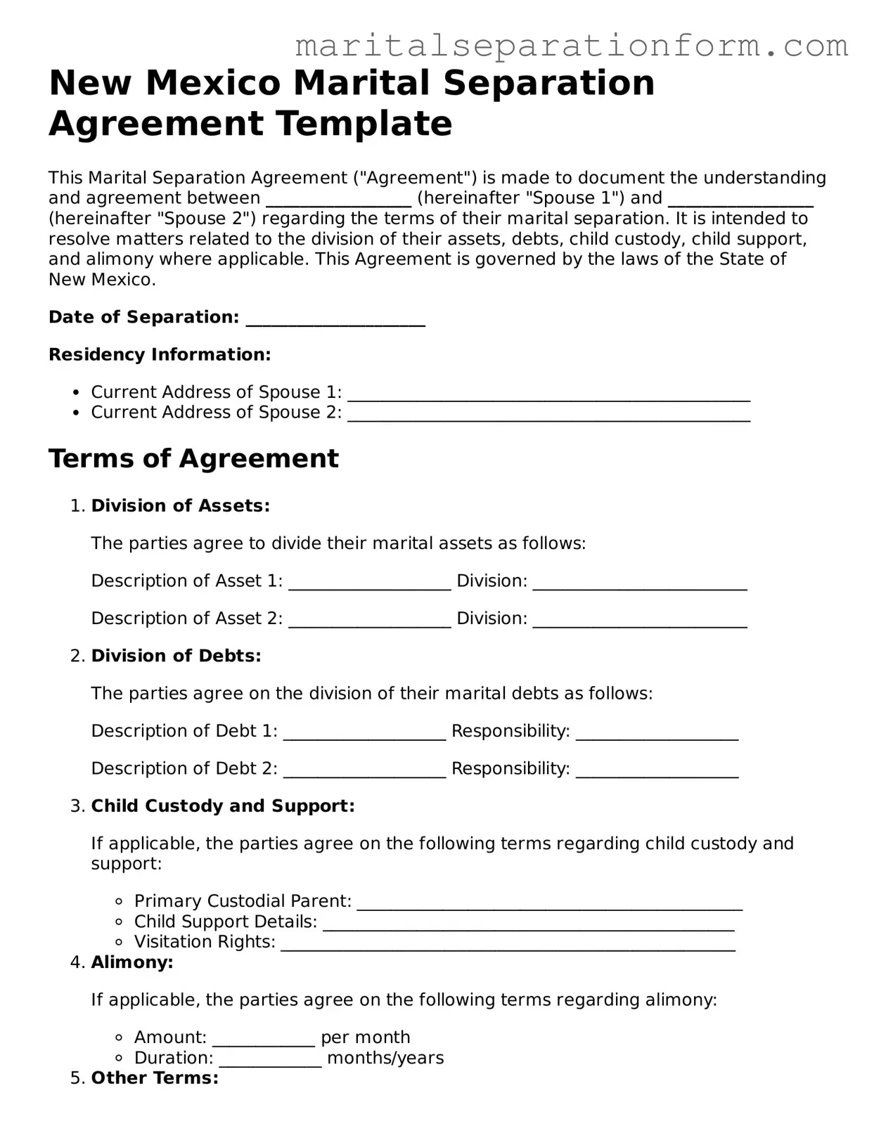Free  Marital Separation Agreement Form for New Mexico