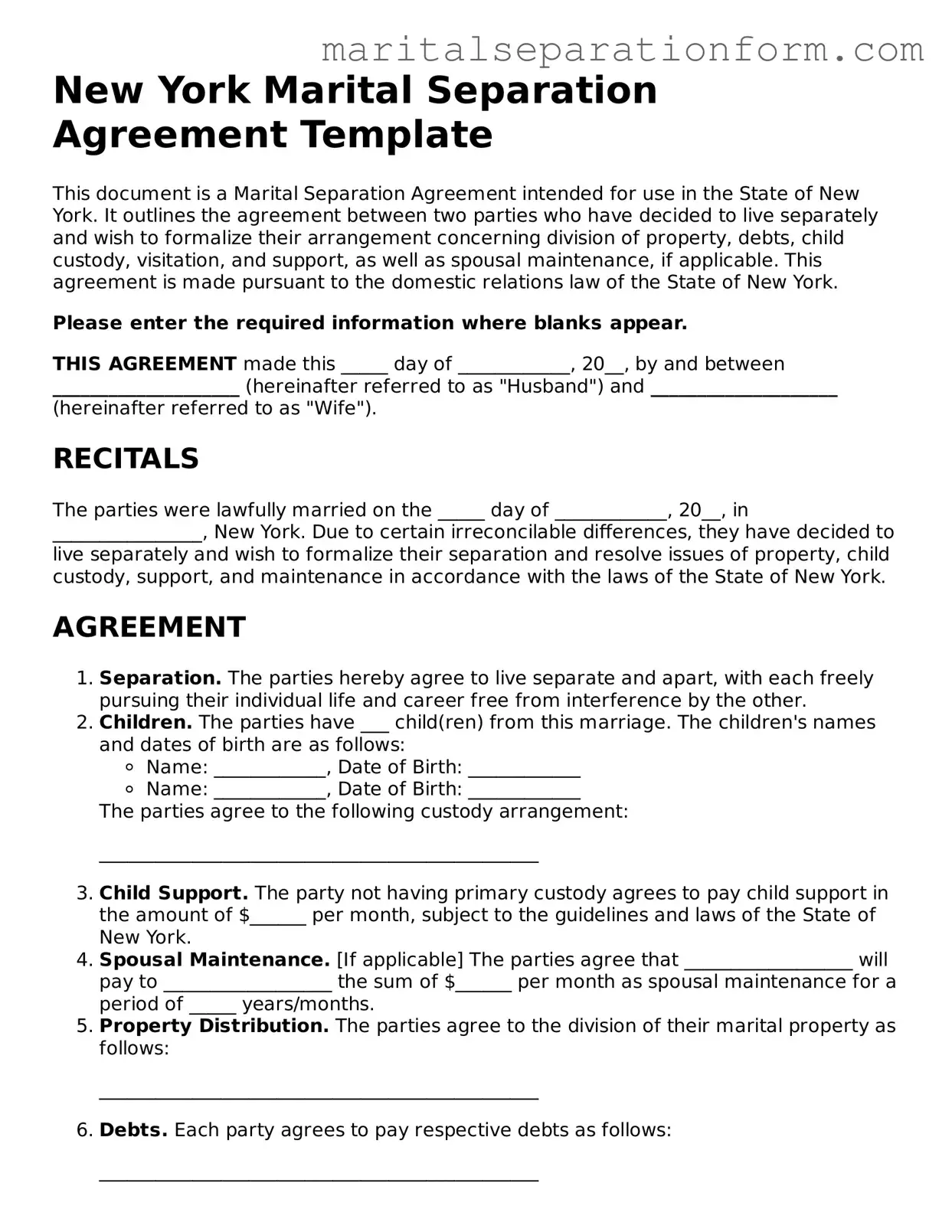 Free  Marital Separation Agreement Form for New York