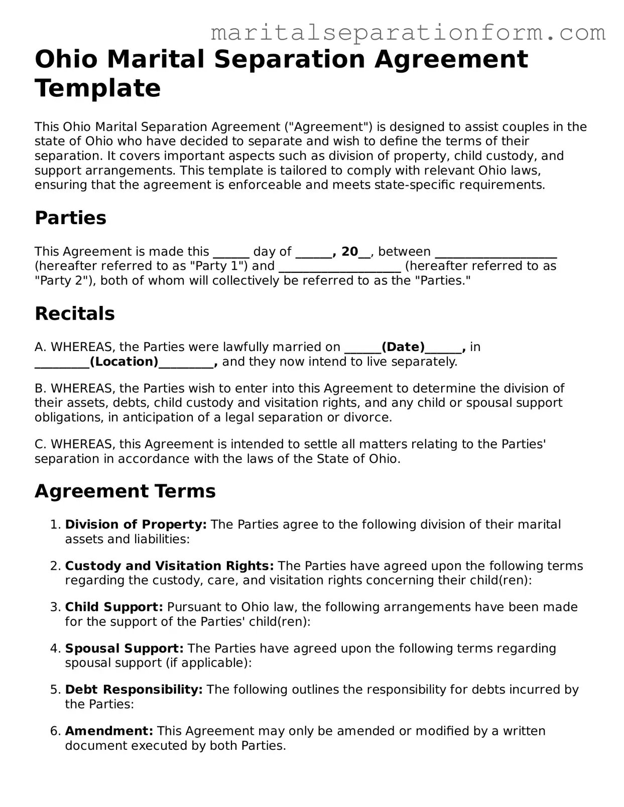 Free  Marital Separation Agreement Form for Ohio