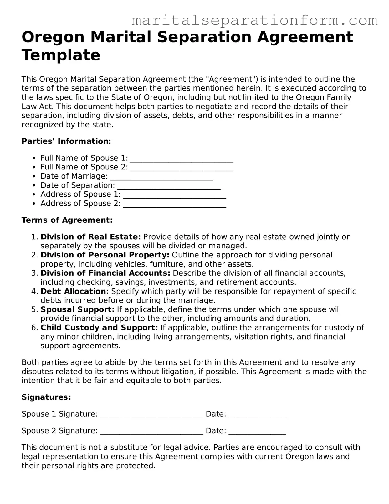 Free  Marital Separation Agreement Form for Oregon