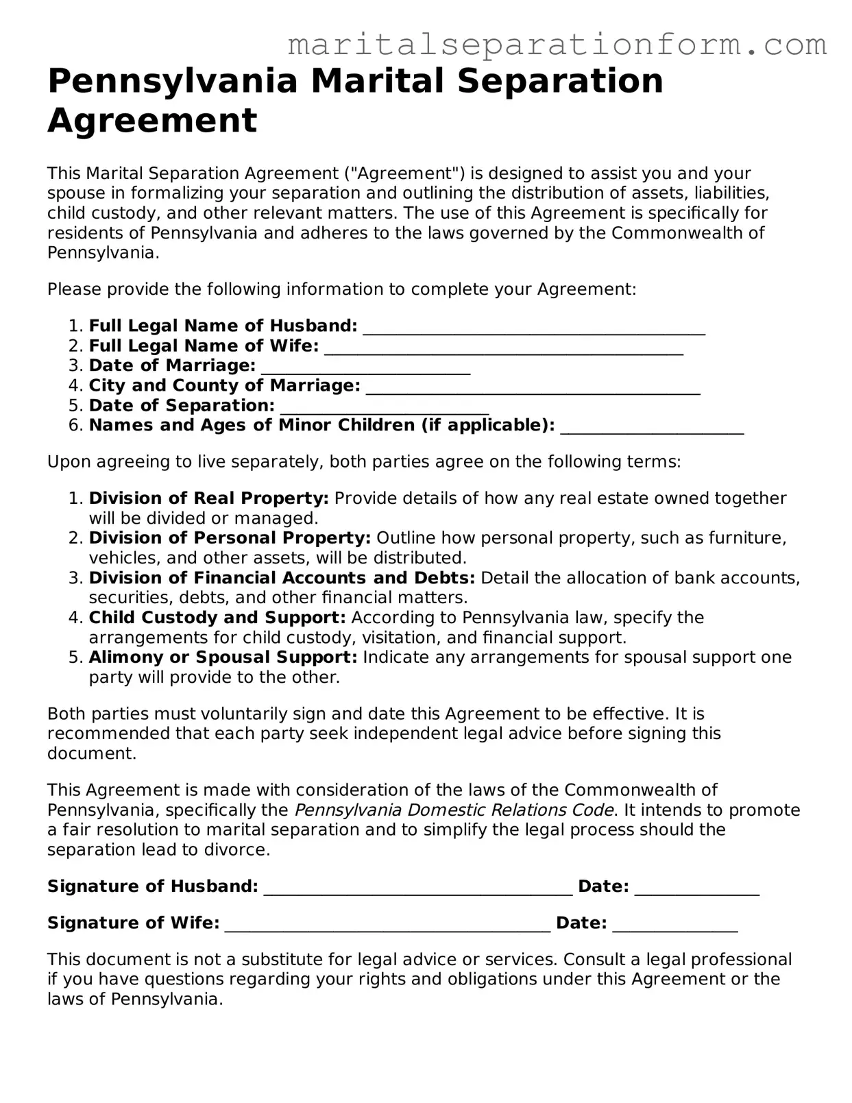 Free  Marital Separation Agreement Form for Pennsylvania