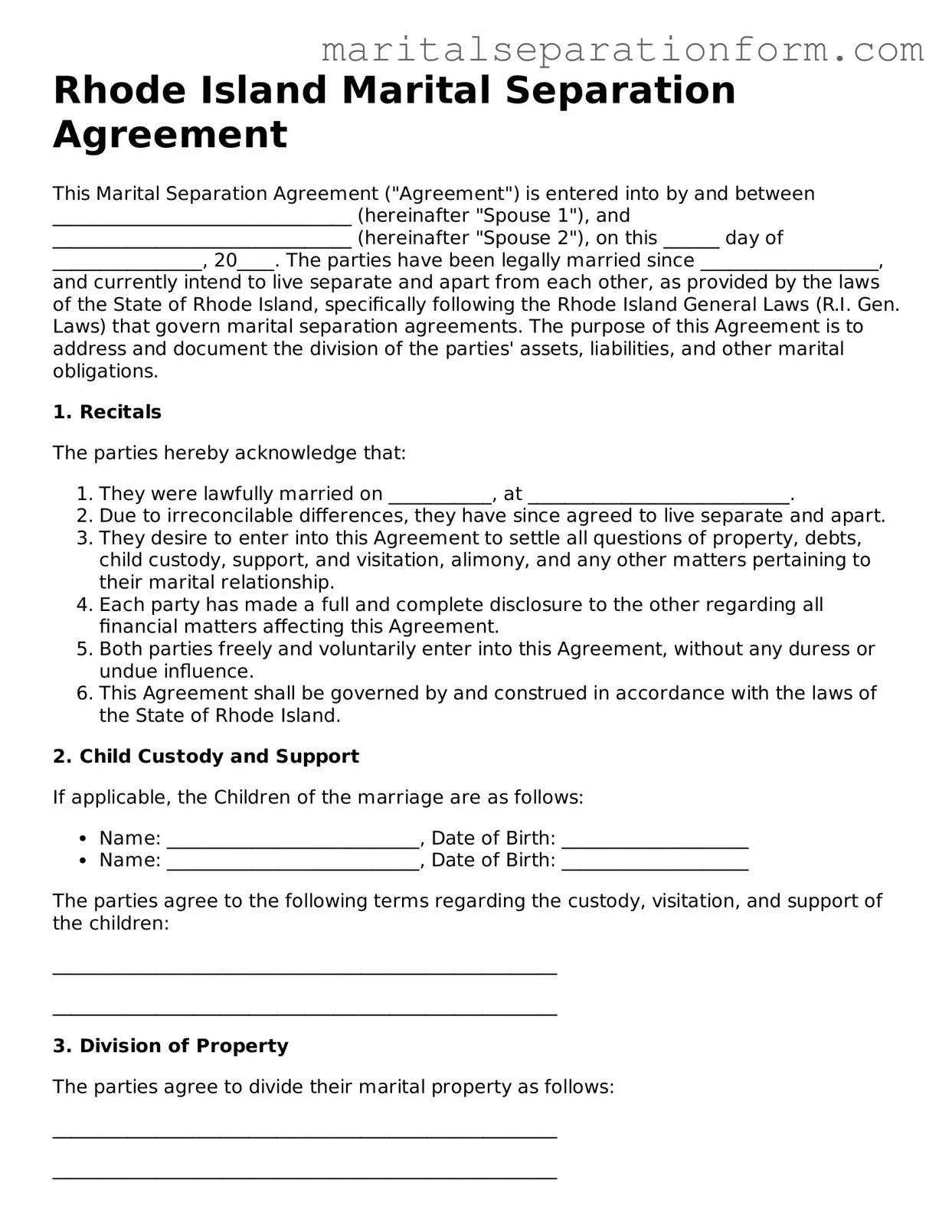 Free  Marital Separation Agreement Form for Rhode Island