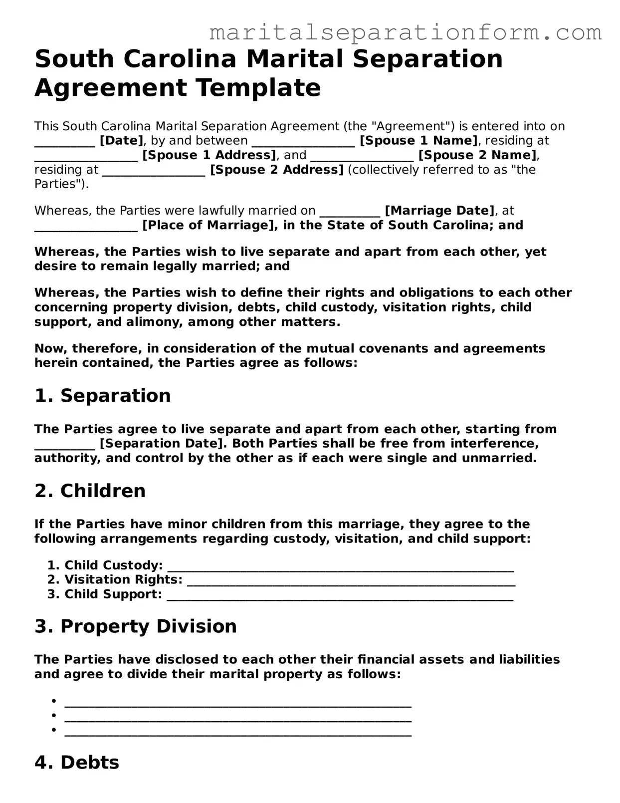 Free  Marital Separation Agreement Form for South Carolina