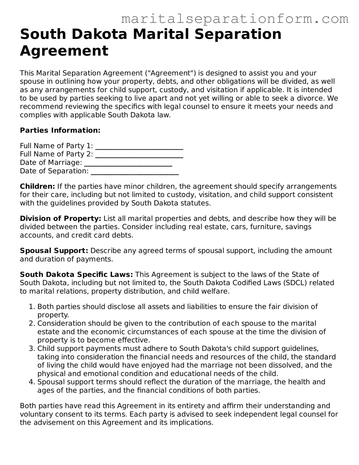 Free  Marital Separation Agreement Form for South Dakota