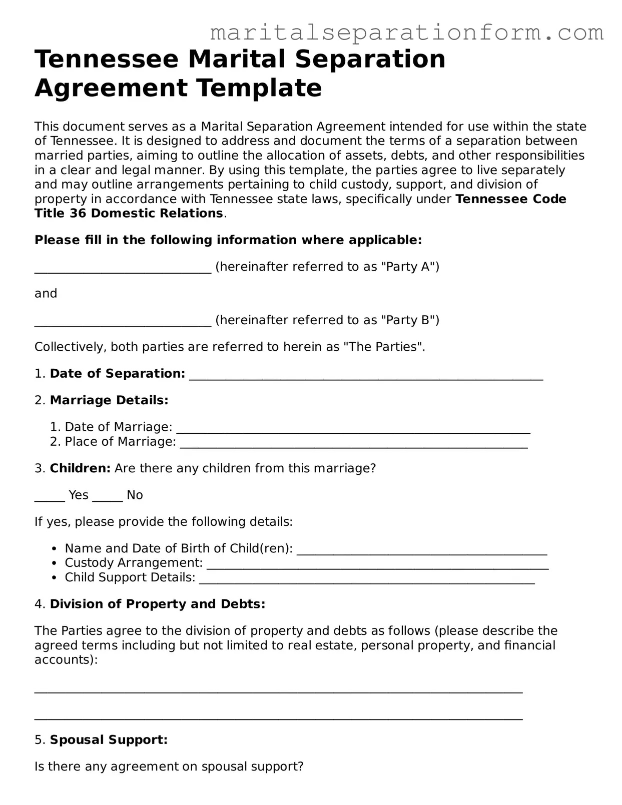 Free  Marital Separation Agreement Form for Tennessee