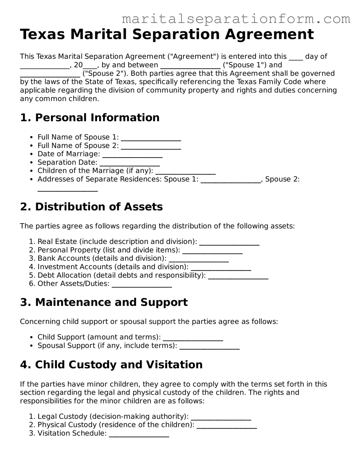 Free  Marital Separation Agreement Form for Texas