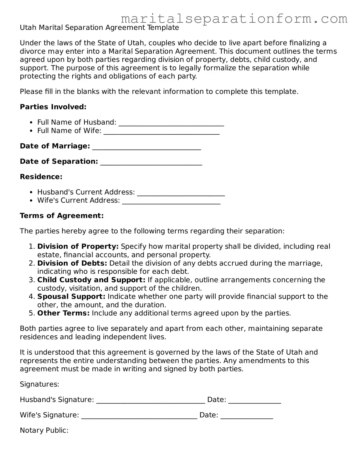 Free  Marital Separation Agreement Form for Utah