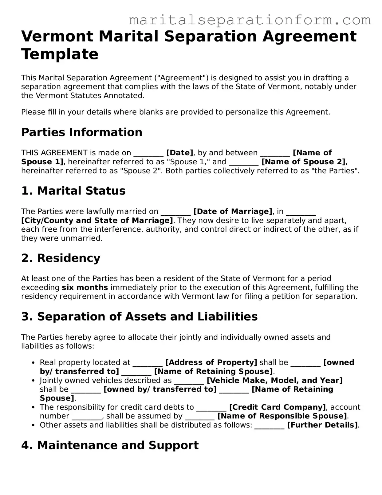 Free  Marital Separation Agreement Form for Vermont