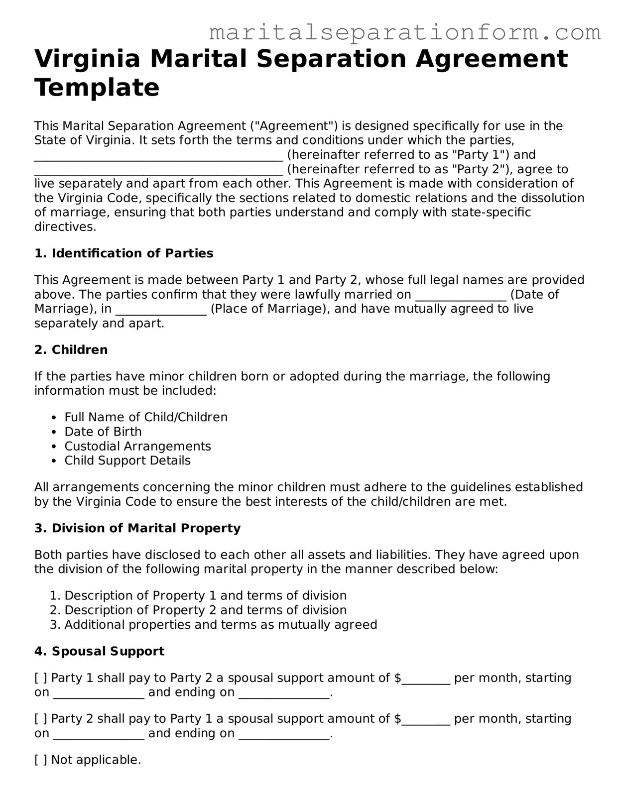 Free  Marital Separation Agreement Form for Virginia