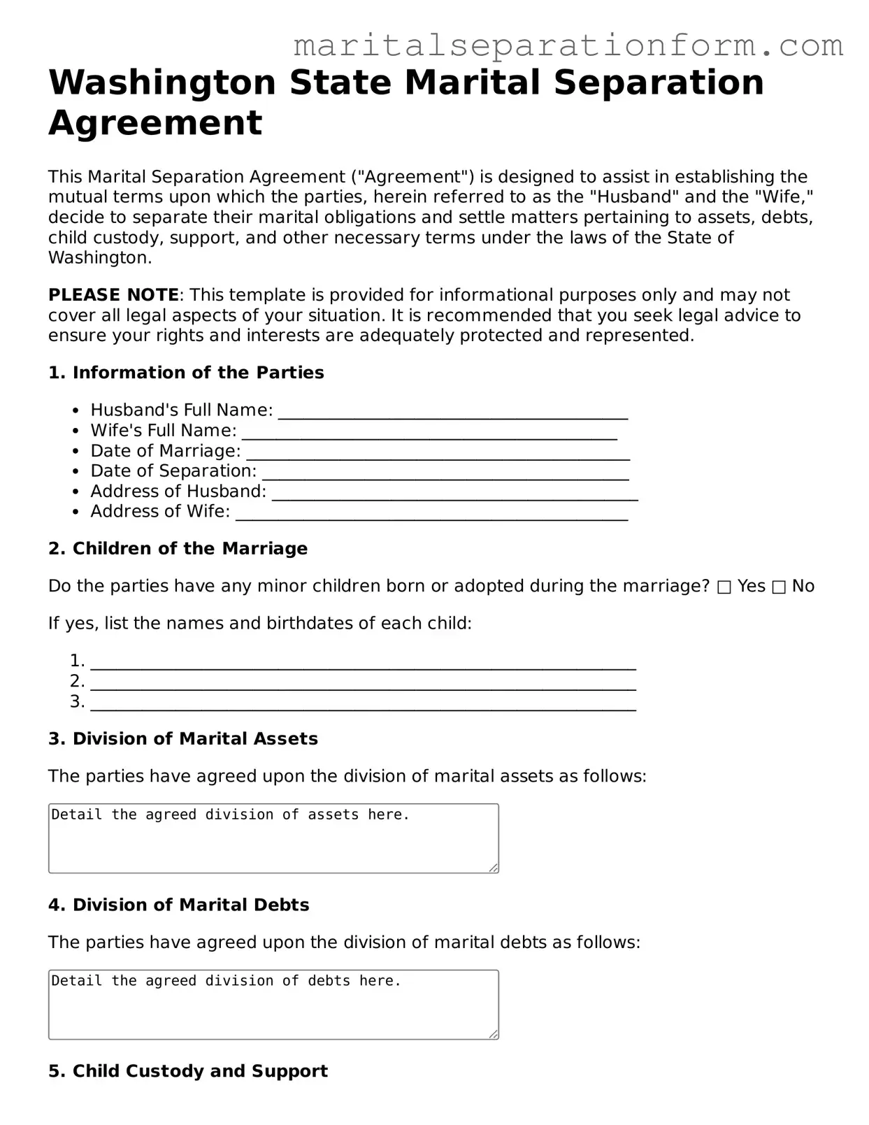 Free  Marital Separation Agreement Form for Washington