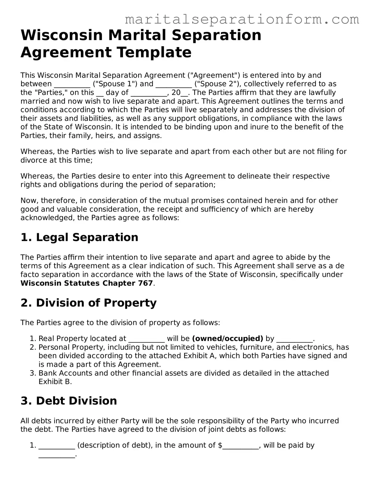 Free  Marital Separation Agreement Form for Wisconsin