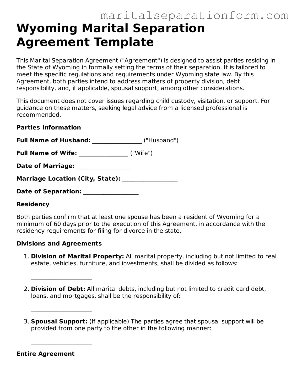 Free  Marital Separation Agreement Form for Wyoming